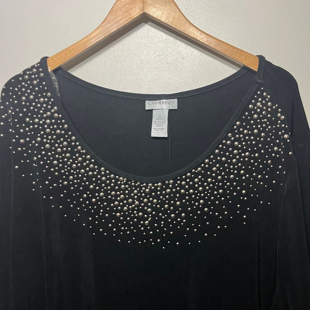 Catherines Tunic Black Gold Studded Asymmetrical Evening Dressy Slinky Knit 3X - Picture 2 of 6